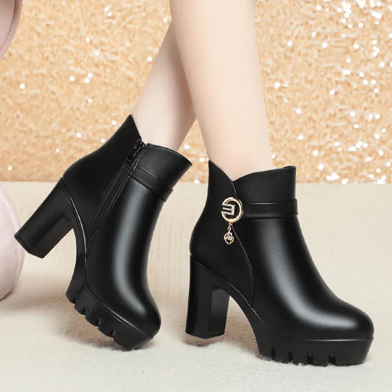 Autumn Winter Warm Thick Bottom Women's Cotton Boots Velvet Waterproof Block High Heels Office Model  Ankle Boots