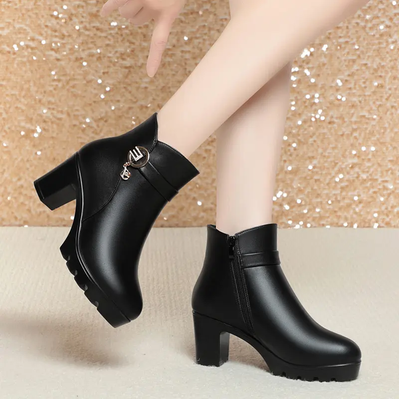Autumn Winter Warm Thick Bottom Women's Cotton Boots Velvet Waterproof Block High Heels Office Model  Ankle Boots