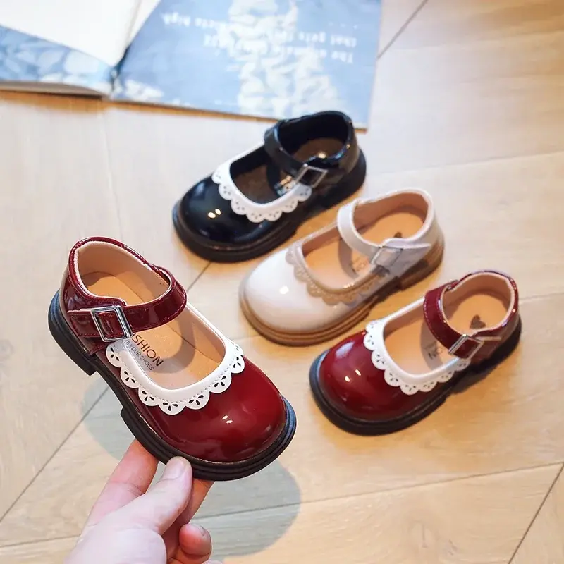 Children's Soft Princess PU Leather School Student Shoes Lolita Fashion Kids Breathable Lace Girls Soft Sole Shallow Mary Jane