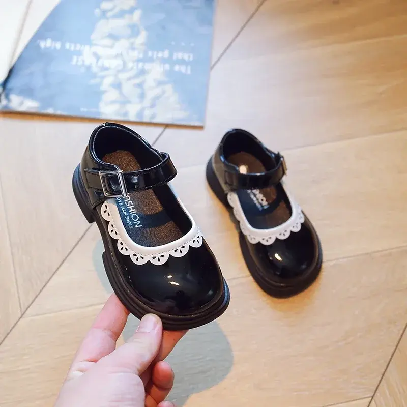 Children's Soft Princess PU Leather School Student Shoes Lolita Fashion Kids Breathable Lace Girls Soft Sole Shallow Mary Jane