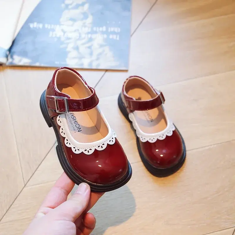 Children's Soft Princess PU Leather School Student Shoes Lolita Fashion Kids Breathable Lace Girls Soft Sole Shallow Mary Jane