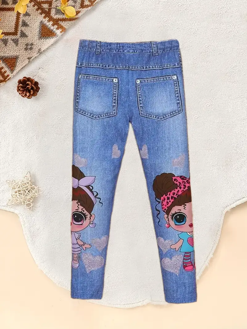 Simple And Fashionable Casual Pants For Girls Imitating Denim Fabric With Printed Patterns