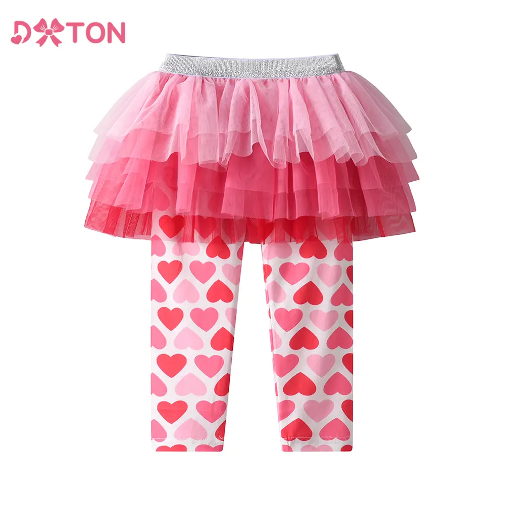 DXTON Girls Leggings Skirt Heart Printed Pencil Pants Two Fake Pcs Kids Dance Skirt Layered Cake Mesh Children Party Trousers