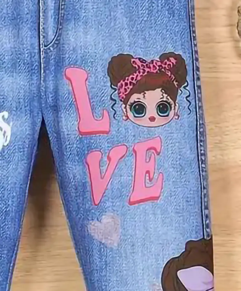 Simple And Fashionable Casual Pants For Girls Imitating Denim Fabric With Printed Patterns