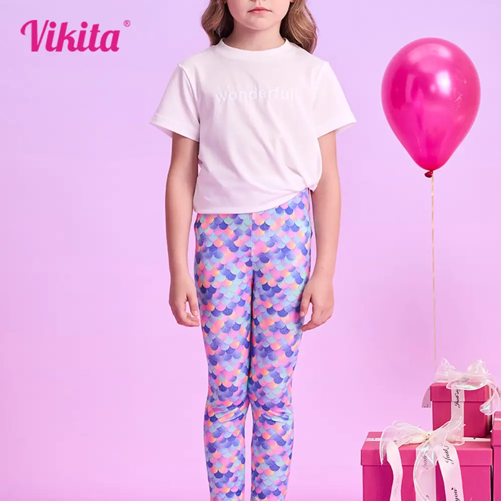VIKITA Children Leggings 3-12 Years Girl Mermaid 3D Print Skinny Pencil Pants Trousers Kids Casual Daily Leggings Kids Clothes