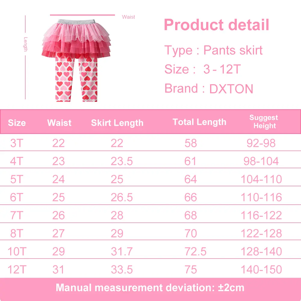 DXTON Girls Leggings Skirt Heart Printed Pencil Pants Two Fake Pcs Kids Dance Skirt Layered Cake Mesh Children Party Trousers