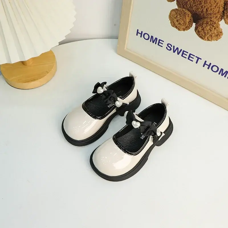 Girl Leather Shoes Mary Jane Thick Bottom Causal Kids Black School Shoes Fashion Sweet Bowtie Children Princess Shoes Glossy PU