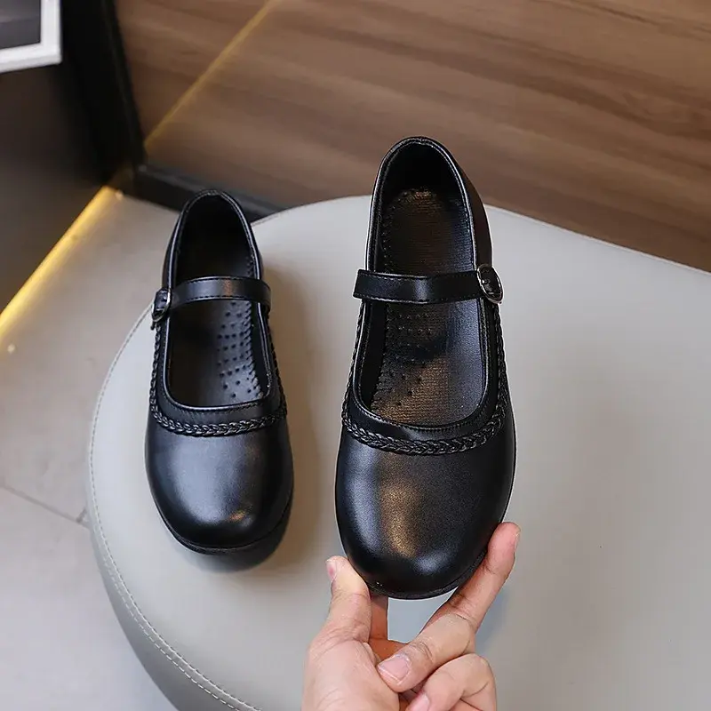 Children's Shoe for Girl Fashion School Versatile Students Performance Leather Shoes Kids Black Uniform Flat Shoes Soft Bottom