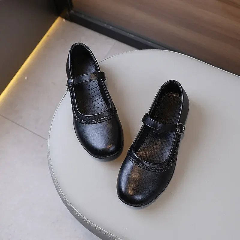 Children's Shoe for Girl Fashion School Versatile Students Performance Leather Shoes Kids Black Uniform Flat Shoes Soft Bottom