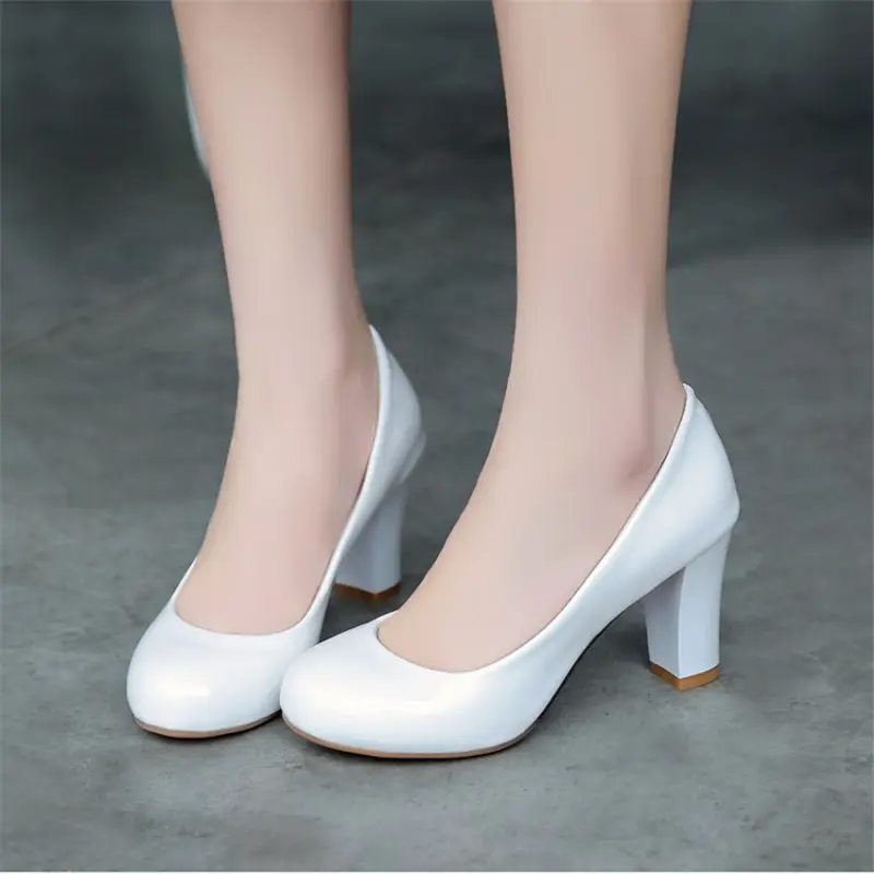 Girls High Heels Big Size 31-43 Spring Women Pumps Chunky High Heels Patent Leather Round Toe Casual Wedding Office Lady Shoes