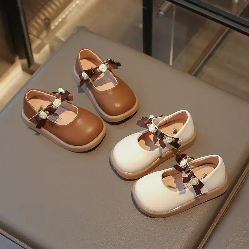 Sweet Children's Shoe for Girl Flower Elegant Princess Shoes Fashion Platform Brown Kids Causal Leather Shoes for Wedding Party