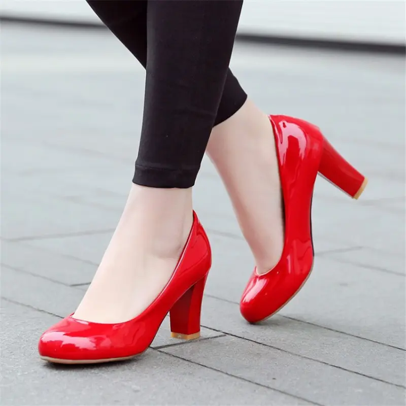 Girls High Heels Big Size 31-43 Spring Women Pumps Chunky High Heels Patent Leather Round Toe Casual Wedding Office Lady Shoes