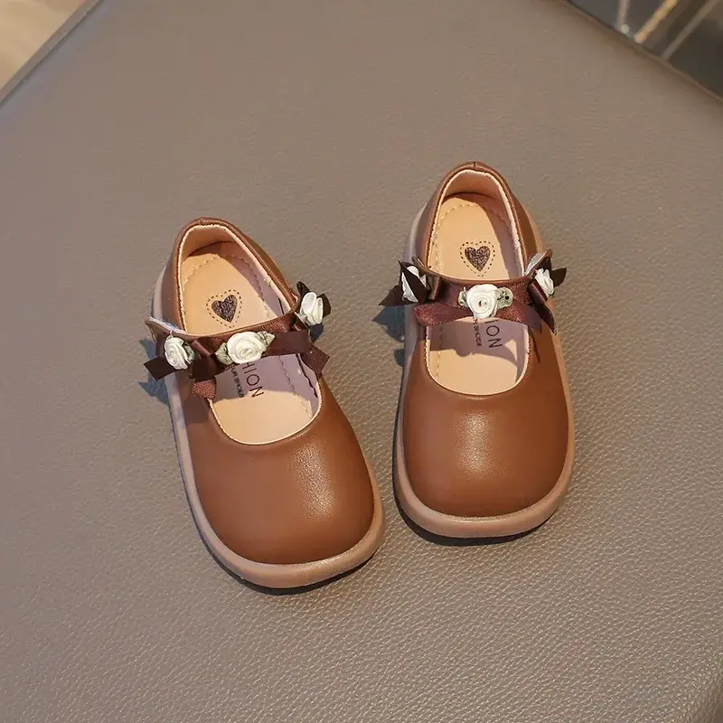 Sweet Children's Shoe for Girl Flower Elegant Princess Shoes Fashion Platform Brown Kids Causal Leather Shoes for Wedding Party