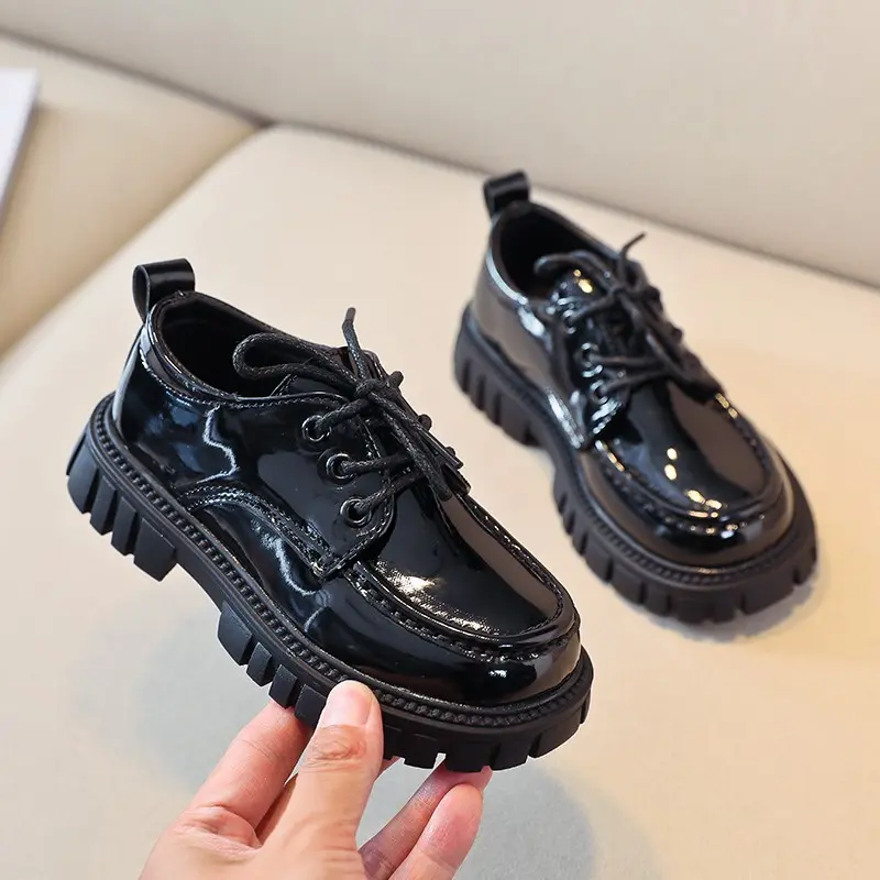Kids Leather Shoes Patent Leather Round Toe Lace-up Fashion Black Brown Boys Girls Flat Shoe Platform 26-36 Chic Children Shoe