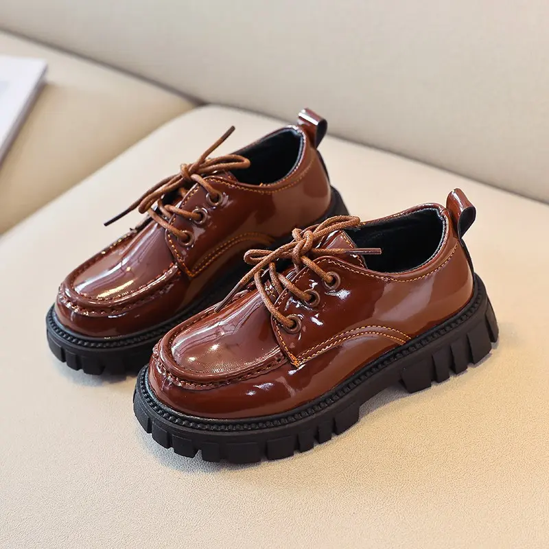 Kids Leather Shoes Patent Leather Round Toe Lace-up Fashion Black Brown Boys Girls Flat Shoe Platform 26-36 Chic Children Shoe
