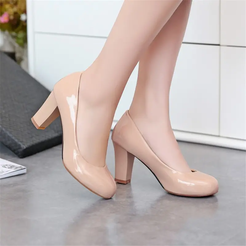 Girls High Heels Big Size 31-43 Spring Women Pumps Chunky High Heels Patent Leather Round Toe Casual Wedding Office Lady Shoes