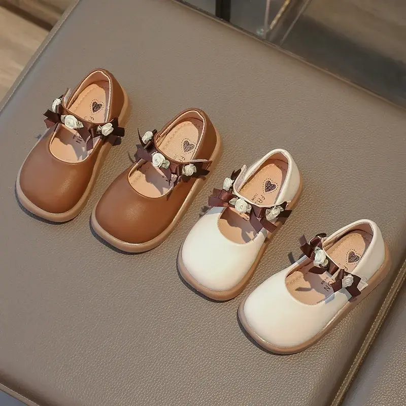 Sweet Children's Shoe for Girl Flower Elegant Princess Shoes Fashion Platform Brown Kids Causal Leather Shoes for Wedding Party