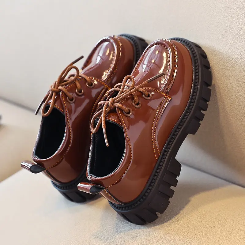 Kids Leather Shoes Patent Leather Round Toe Lace-up Fashion Black Brown Boys Girls Flat Shoe Platform 26-36 Chic Children Shoe