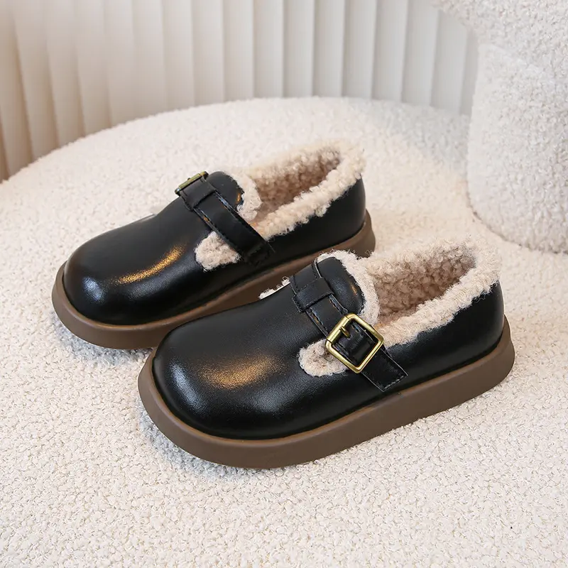 Kids Shoes British Style Plush Warm Girls Leather Shoes Round Toe Flat Heels Children Cotton Shoes Boys Non-slip Casual Loafers