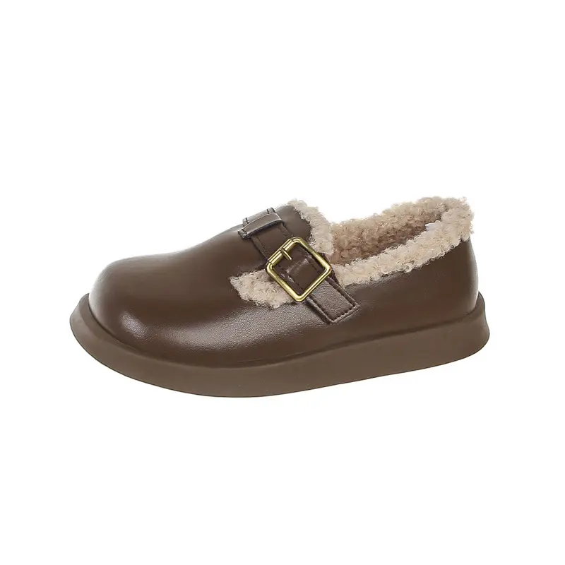 Kids Shoes British Style Plush Warm Girls Leather Shoes Round Toe Flat Heels Children Cotton Shoes Boys Non-slip Casual Loafers