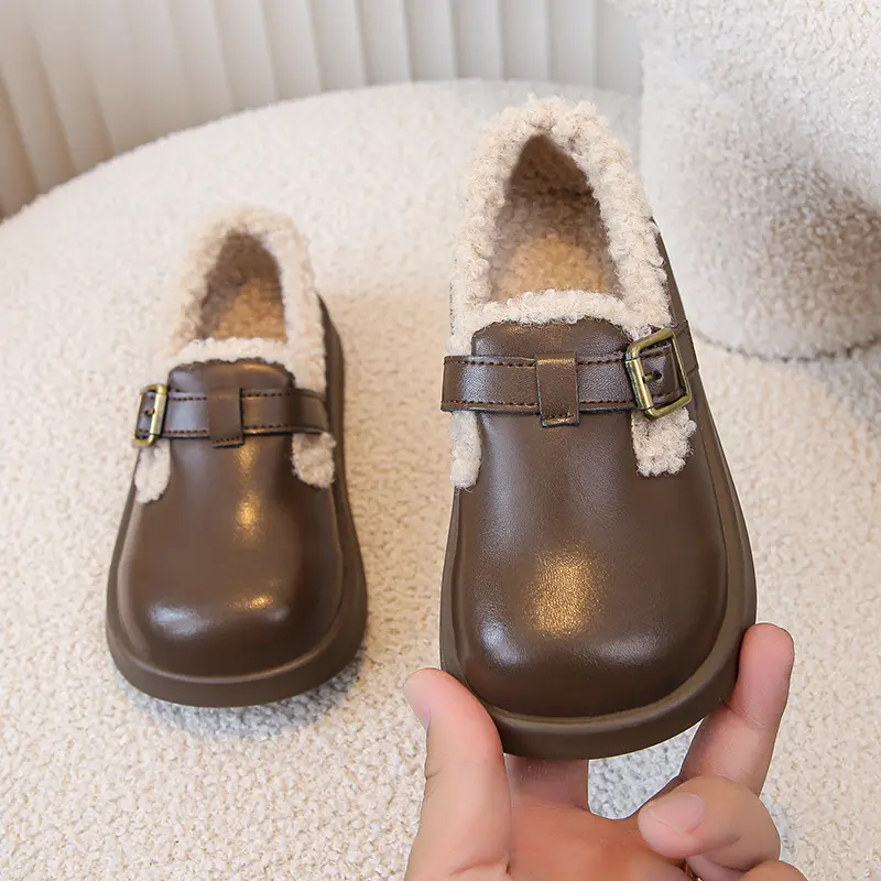 Kids Shoes British Style Plush Warm Girls Leather Shoes Round Toe Flat Heels Children Cotton Shoes Boys Non-slip Casual Loafers