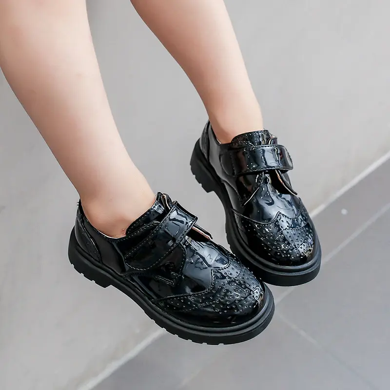 Children Leather Shoes for Party Wedding Black Glossy Non-slip Kids UK Uniform School Shoes Children Casual Loafers Round-toe