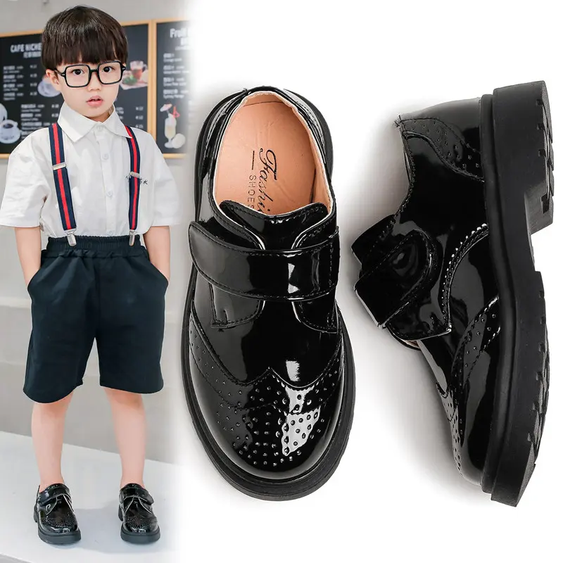 Children Leather Shoes for Party Wedding Black Glossy Non-slip Kids UK Uniform School Shoes Children Casual Loafers Round-toe