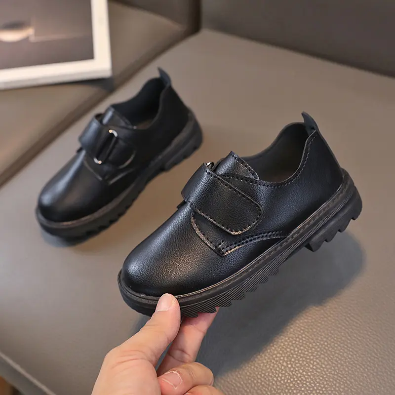 2023 Children Boys Leather Shoes Kindergarten Versatile Performance Black Uniform School Shoes Kids Shoes Soft Girls Britain PU