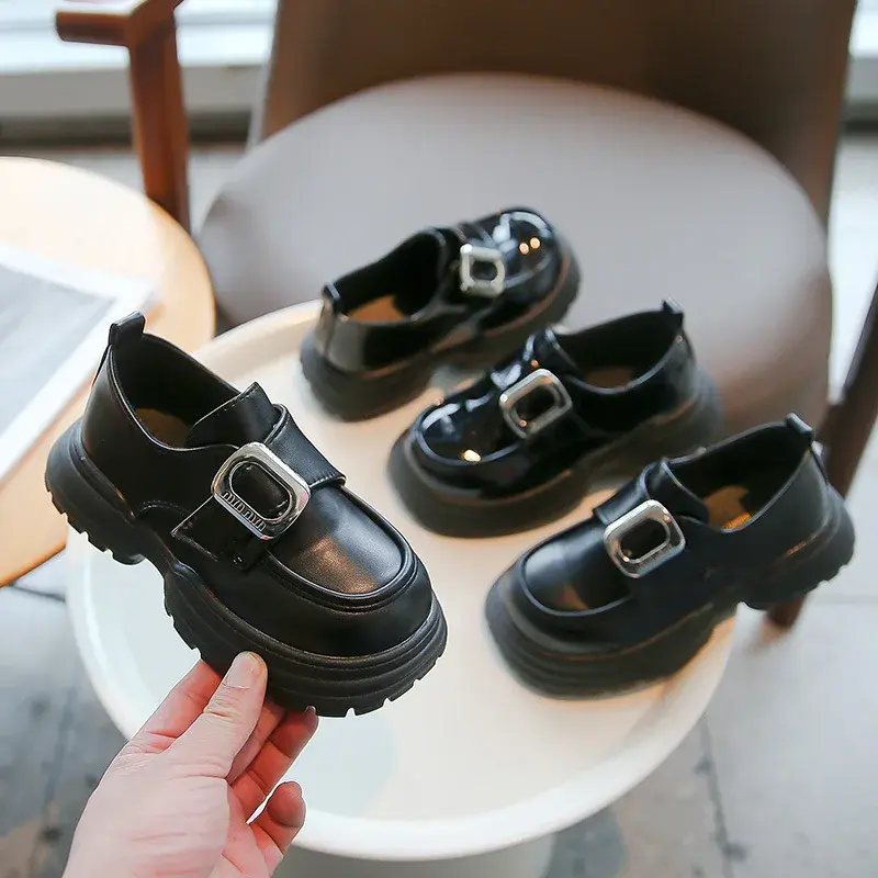 2024 Spring New Children's Thick-Soled Leather Shoes Women's Joyful Shoes Magic Strap Single Shoes Black Little Skin Shoes