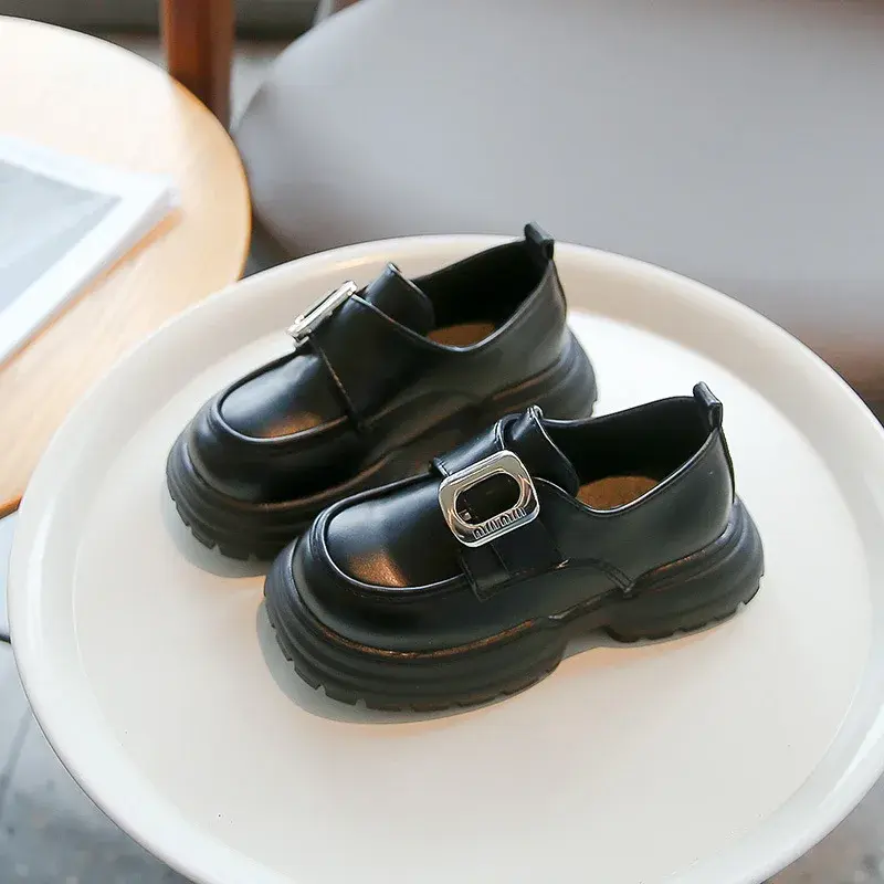 2024 Spring New Children's Thick-Soled Leather Shoes Women's Joyful Shoes Magic Strap Single Shoes Black Little Skin Shoes
