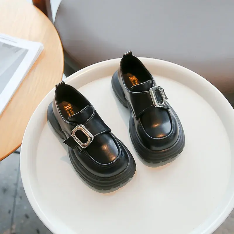 2024 Spring New Children's Thick-Soled Leather Shoes Women's Joyful Shoes Magic Strap Single Shoes Black Little Skin Shoes