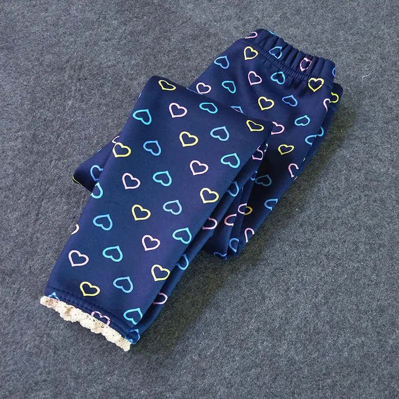 Autumn and winter children's fleece bottom pants with thick insulation girls printed pants children's pants 2-11 year