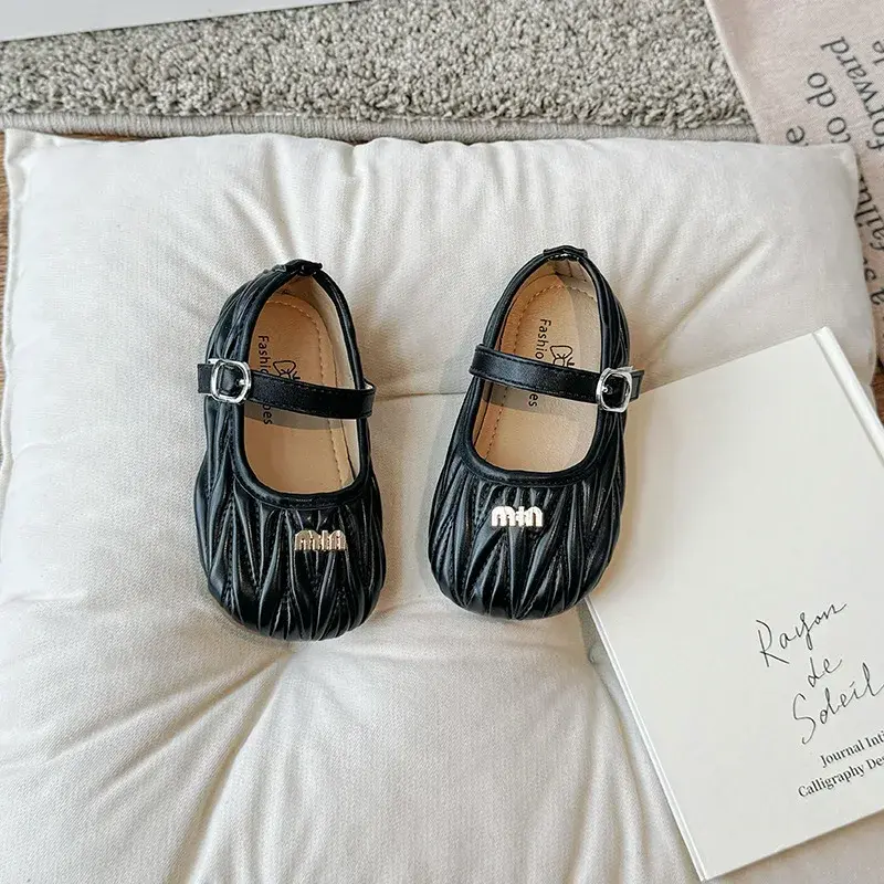 Korean Style Women's Children's Leather Shoes 2024 Spring Autumn New Single Shoes Shallow Mouth Bean Shoes Women's Baby Soft Bot