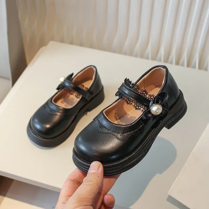 Kids Leather Shoe Sweet Lolita Black School Girl Shoes Fashion Causal Ruffled Edge Children Princess Mary Jane Shoes Thick Soled