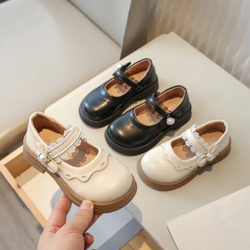 Kids Leather Shoe Sweet Lolita Black School Girl Shoes Fashion Causal Ruffled Edge Children Princess Mary Jane Shoes Thick Soled