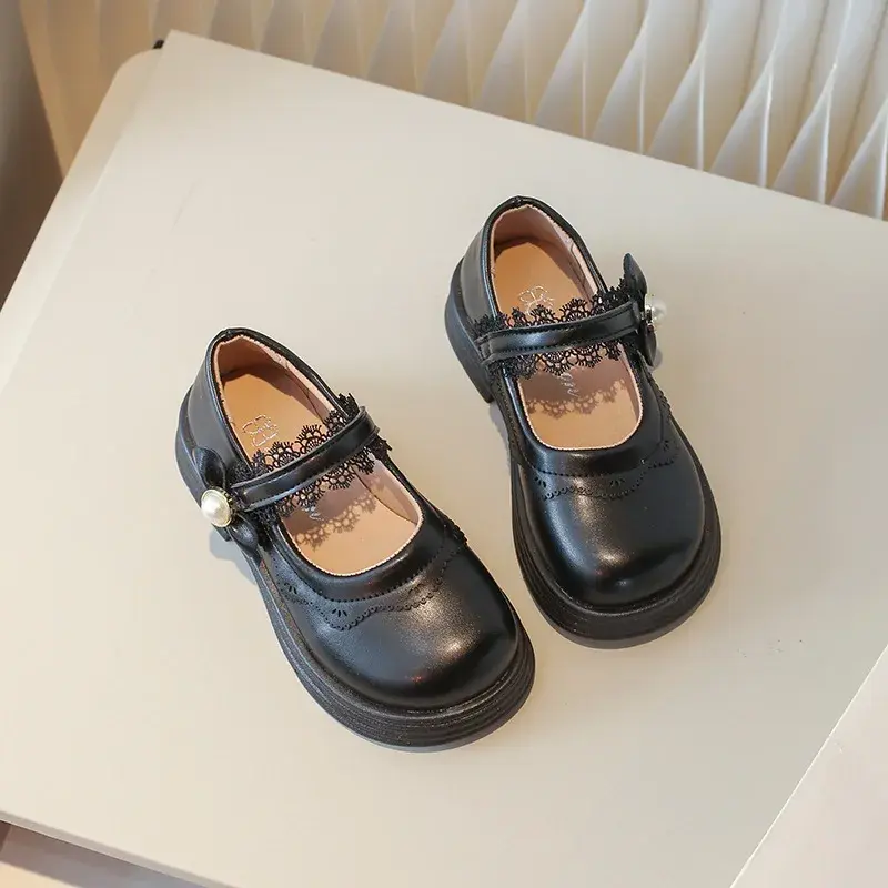 Kids Leather Shoe Sweet Lolita Black School Girl Shoes Fashion Causal Ruffled Edge Children Princess Mary Jane Shoes Thick Soled