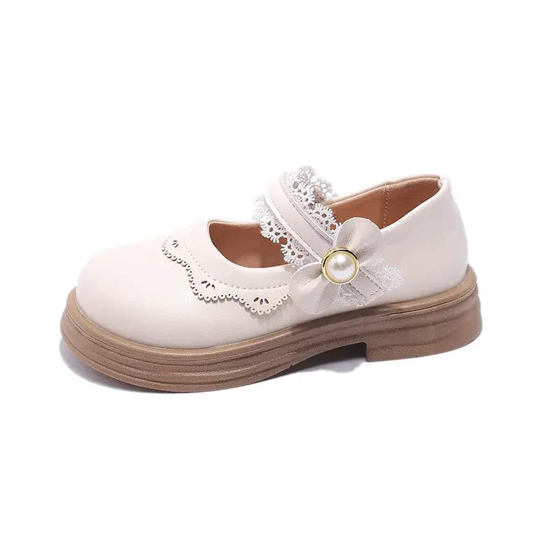 Kids Leather Shoe Sweet Lolita Black School Girl Shoes Fashion Causal Ruffled Edge Children Princess Mary Jane Shoes Thick Soled