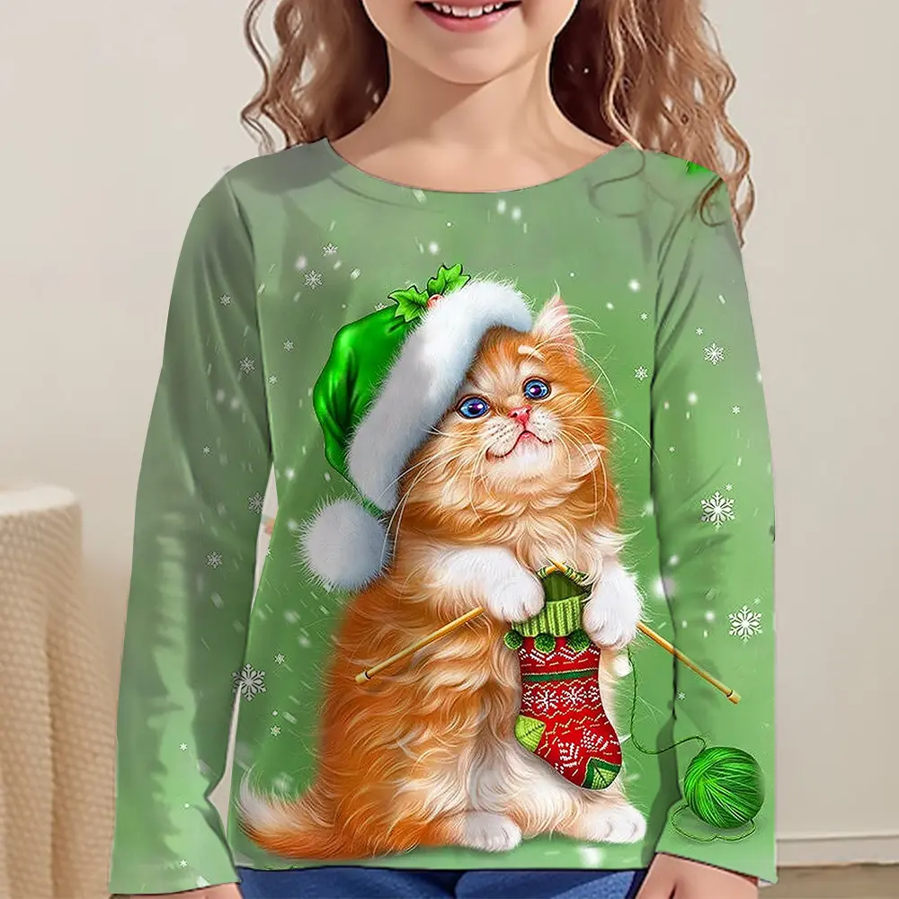 Cartoon Cat Tshirt For Girls Wholesales 13 To 14 Years Kids Clothes Full Sleeve Tees Autumn Children Tops Animals 3d T-Shirts