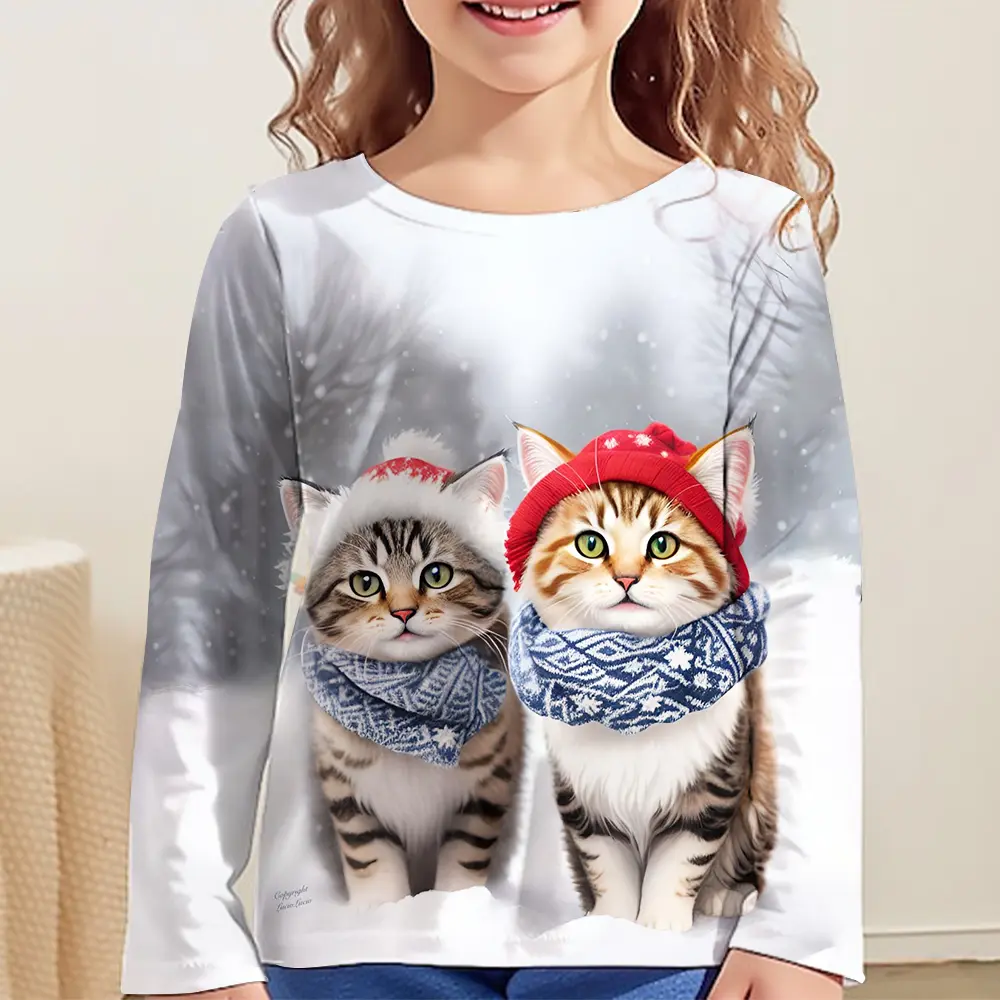 Cartoon Cat Tshirt For Girls Wholesales 13 To 14 Years Kids Clothes Full Sleeve Tees Autumn Children Tops Animals 3d T-Shirts