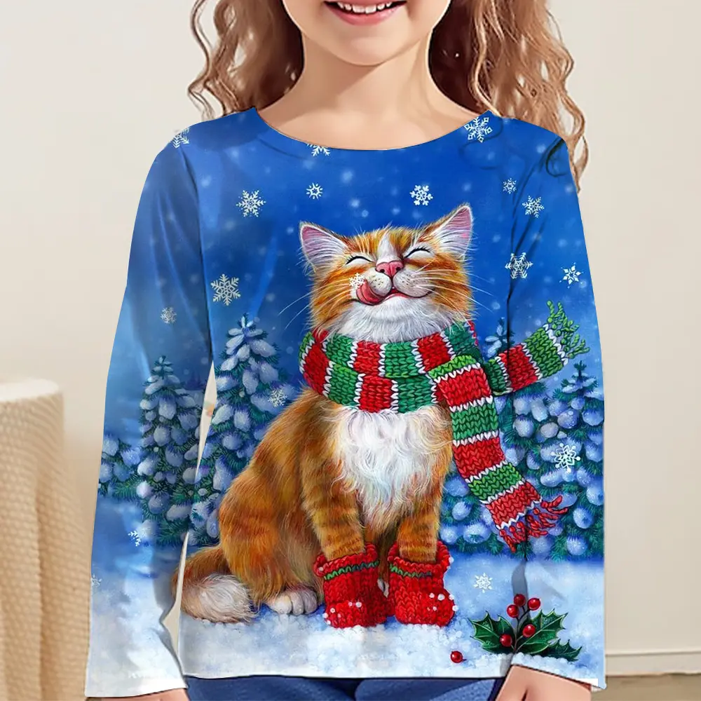 Cartoon Cat Tshirt For Girls Wholesales 13 To 14 Years Kids Clothes Full Sleeve Tees Autumn Children Tops Animals 3d T-Shirts