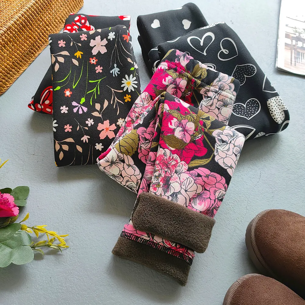 Kids Clothing Autumn Winter Leggings Girls Plus Velvet Pant Korean Baby Girl Print Flower Thick Warm Trousers Children Clothes