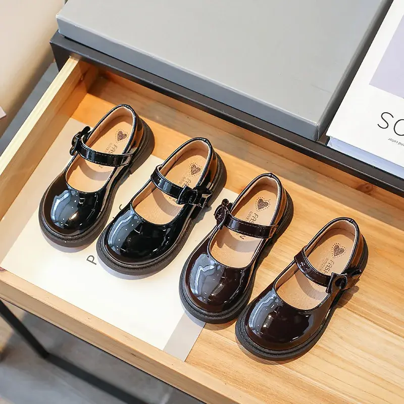 Girls PU Leather Shoes British Style Baby Fashion Casual Flats Student Black Loafer