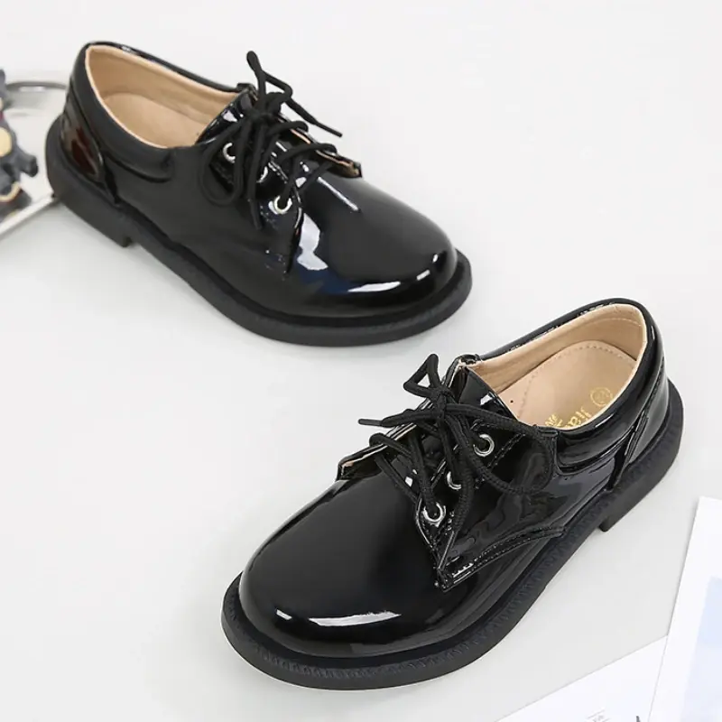 Children's Leather Shoes Non-slip Black Shoes for Boys Fashion Kids School Uniform Flat Shoes Breathable Versatile Glossy PU