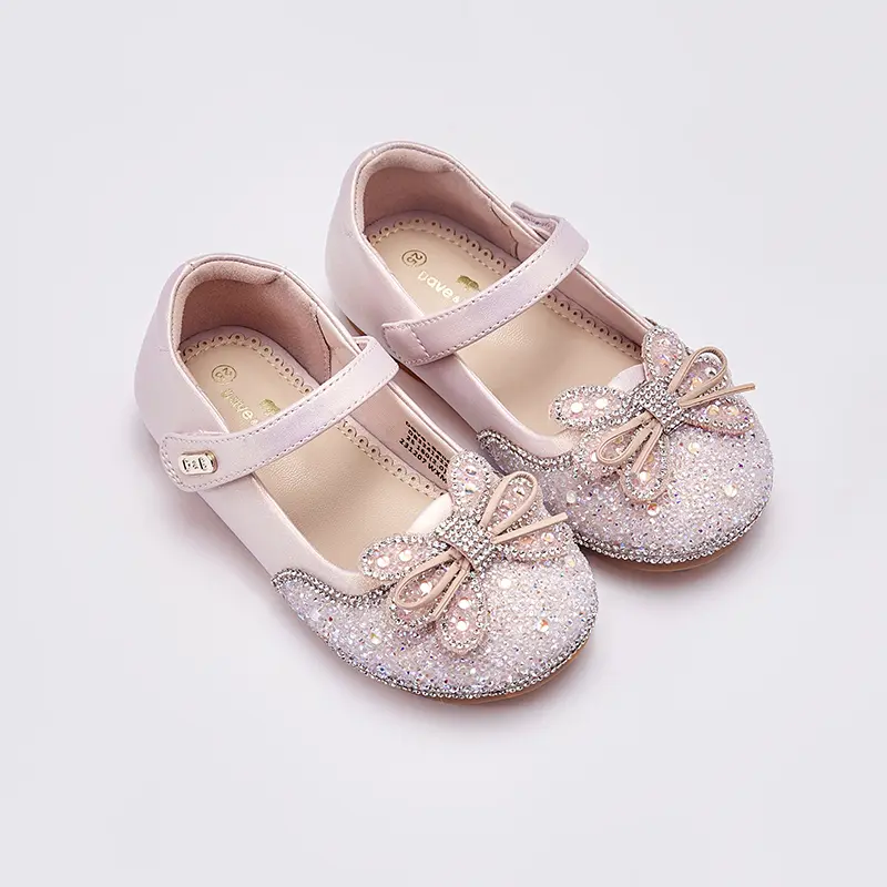 Dave Bella Children Girls Princess Shoes Spring Autumn Leather Shoes Pearl Bow Dance Shoes Girls Flats Non-slip Shoes DB3241422
