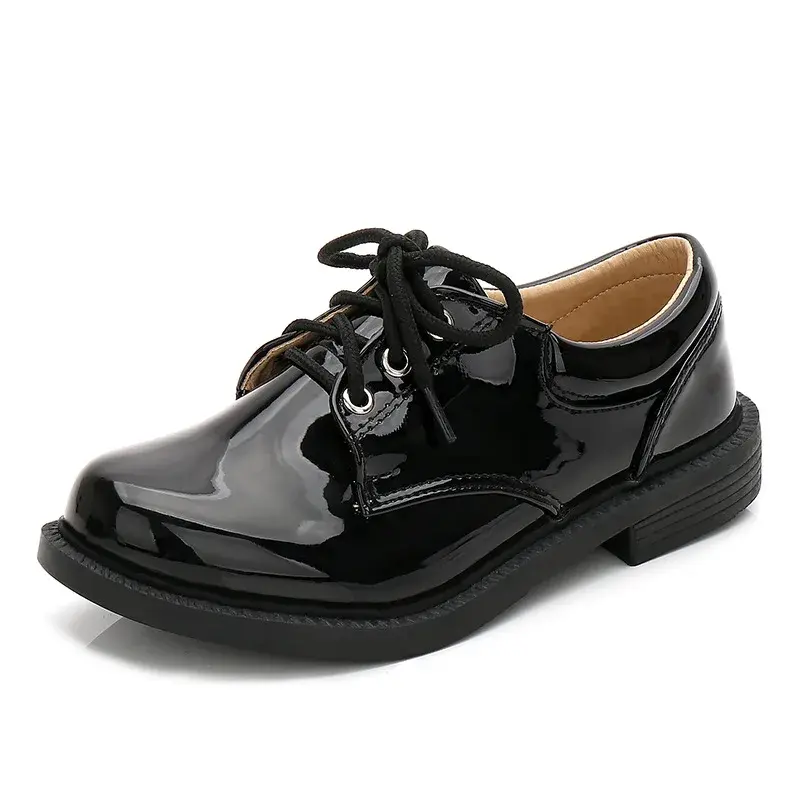 Children's Leather Shoes Non-slip Black Shoes for Boys Fashion Kids School Uniform Flat Shoes Breathable Versatile Glossy PU