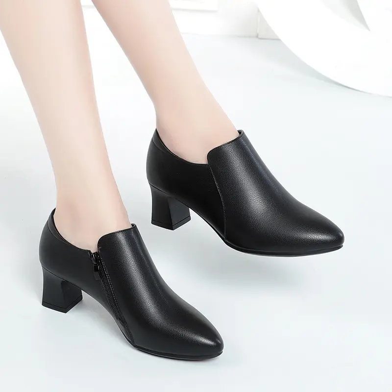 New Autumn Women Loafers Soft Leather Pointed Toe Chunky Heel Shoes Spring Deep Mouth Comfort Solid Working Single Shoes
