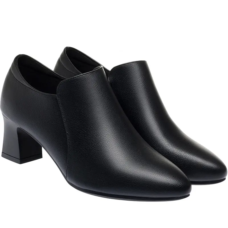 New Autumn Women Loafers Soft Leather Pointed Toe Chunky Heel Shoes Spring Deep Mouth Comfort Solid Working Single Shoes