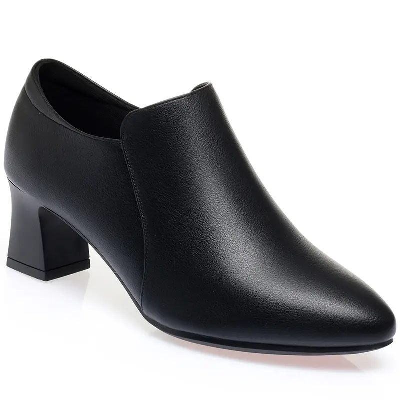 New Autumn Women Loafers Soft Leather Pointed Toe Chunky Heel Shoes Spring Deep Mouth Comfort Solid Working Single Shoes