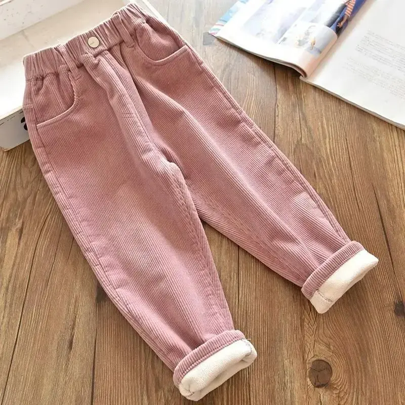 Girls Corduroy Pants Winter Warm Fleece-Lined Thickened Trousers 2025 New Design Fashionable Cold-Weather Clothing for Ages 2-8