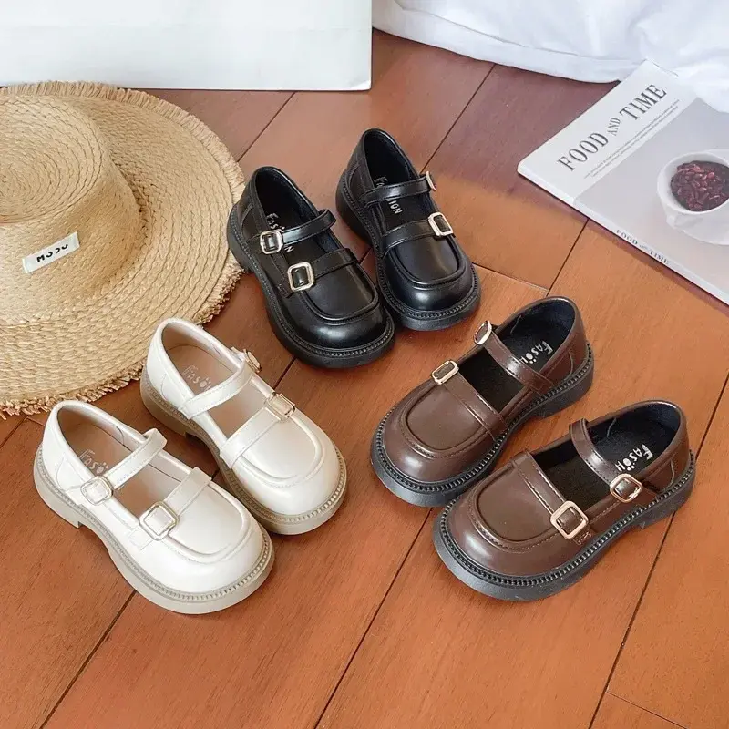 Classic Simple Kids Leather Shoes Versatile Black School Girl Shoes Soft Causal Children Fashion Mary Jane Shoes Thick Bottom